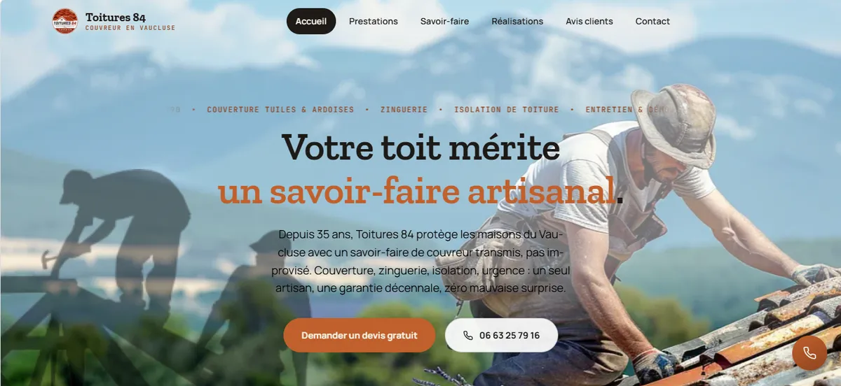 Page d'accueil du site Toiture 84
